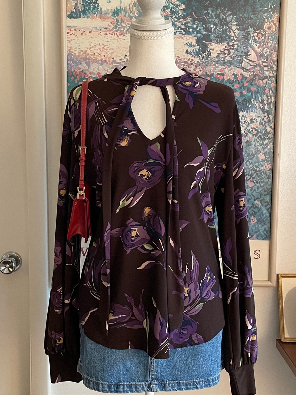 Lauren Ralph Lauren Floral Blouse Medium Brown Purple Tie Neck Dark Feminine
